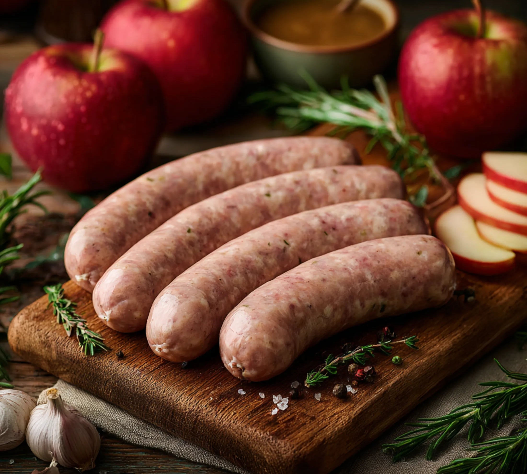 Raw sausages on a wooden board with apples and herbs