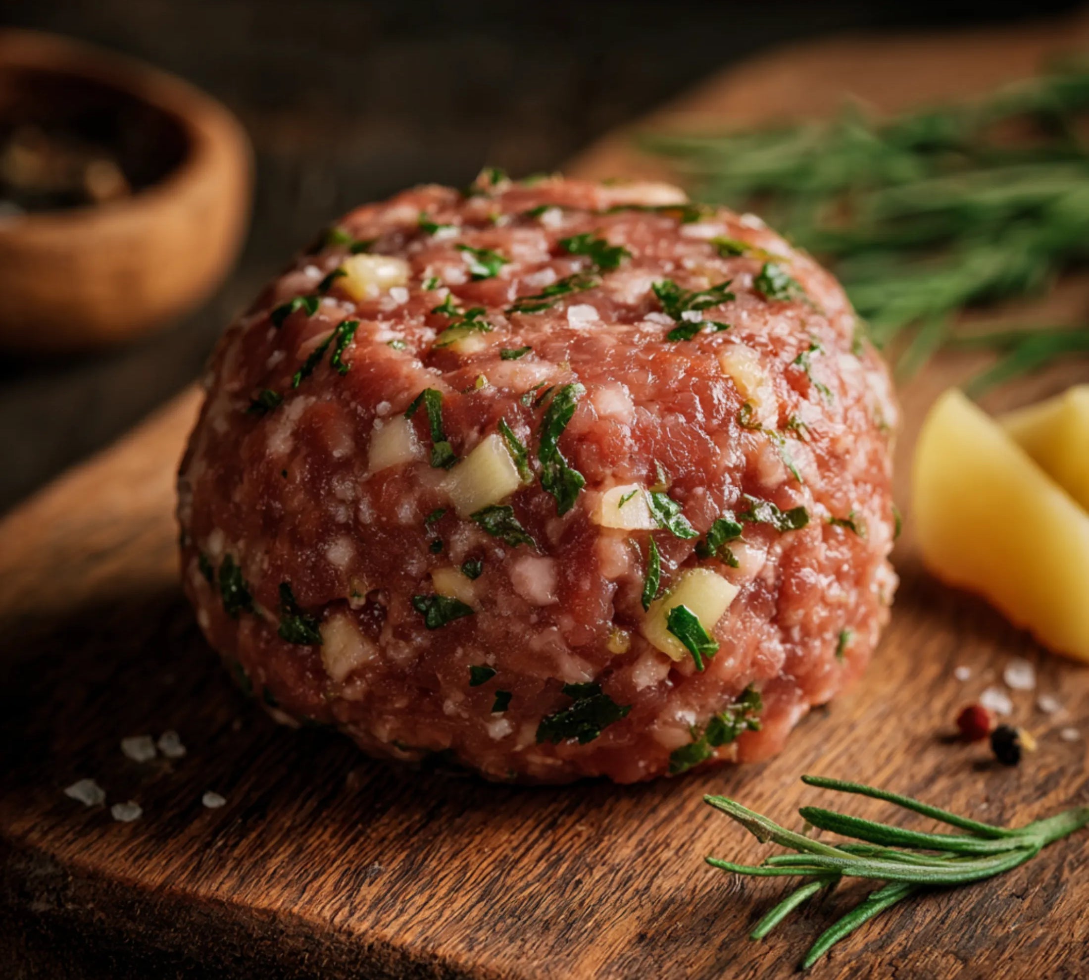 Raw ground meat patty with herbs on a wooden cutting board