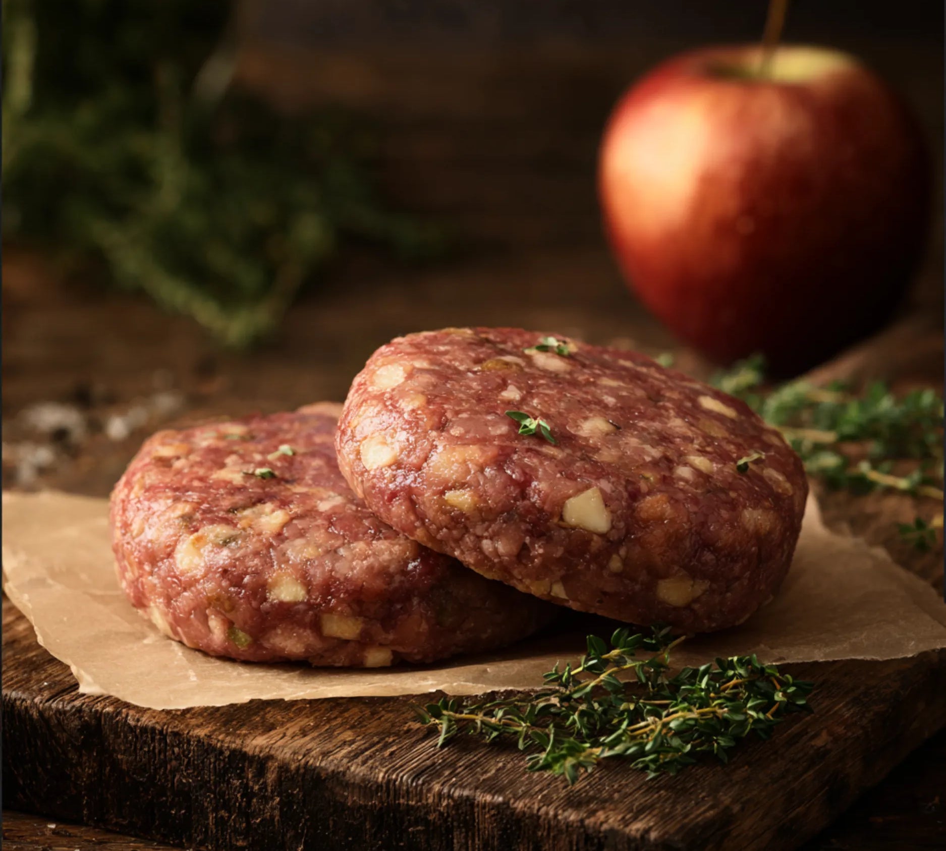 Two raw wild boar and apple burger patties on parchment with fresh apple and herbs – The Black Farmer.
