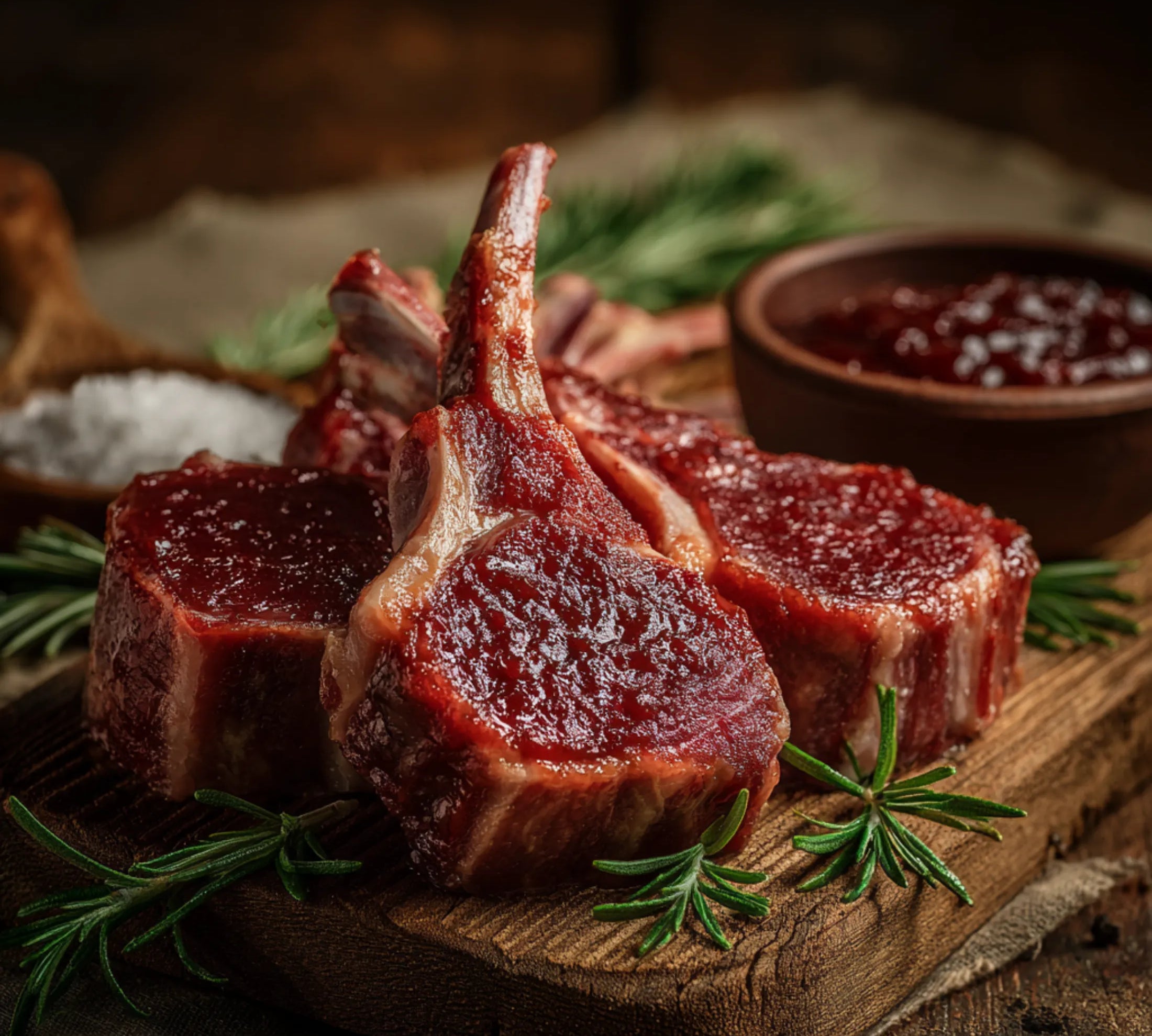 Raw sticky-BBQ marinated lamb chops on a wooden board with rosemary and glaze – The Black Farmer.