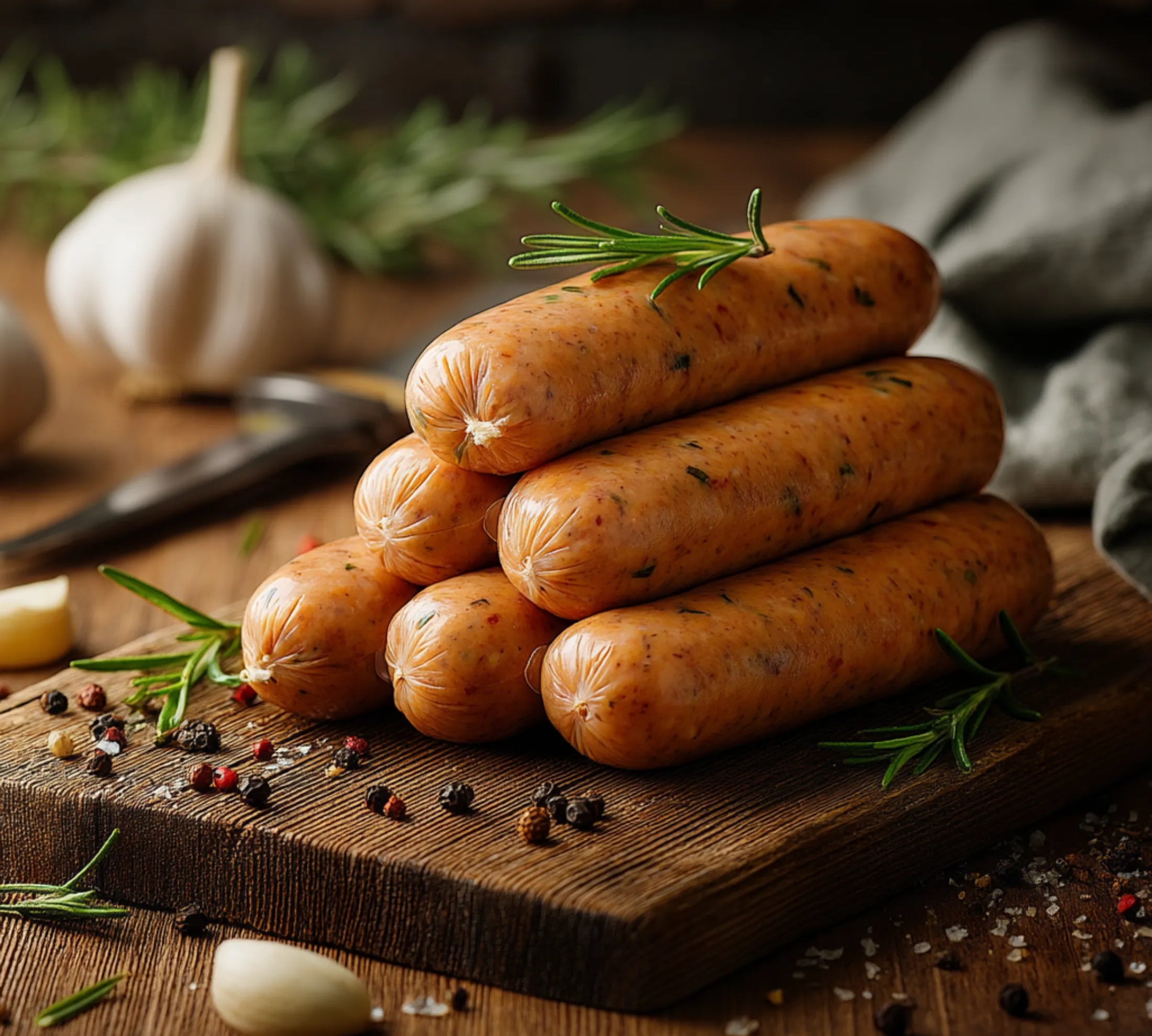 Stack of sausages on a wooden cutting board with herbs and spices