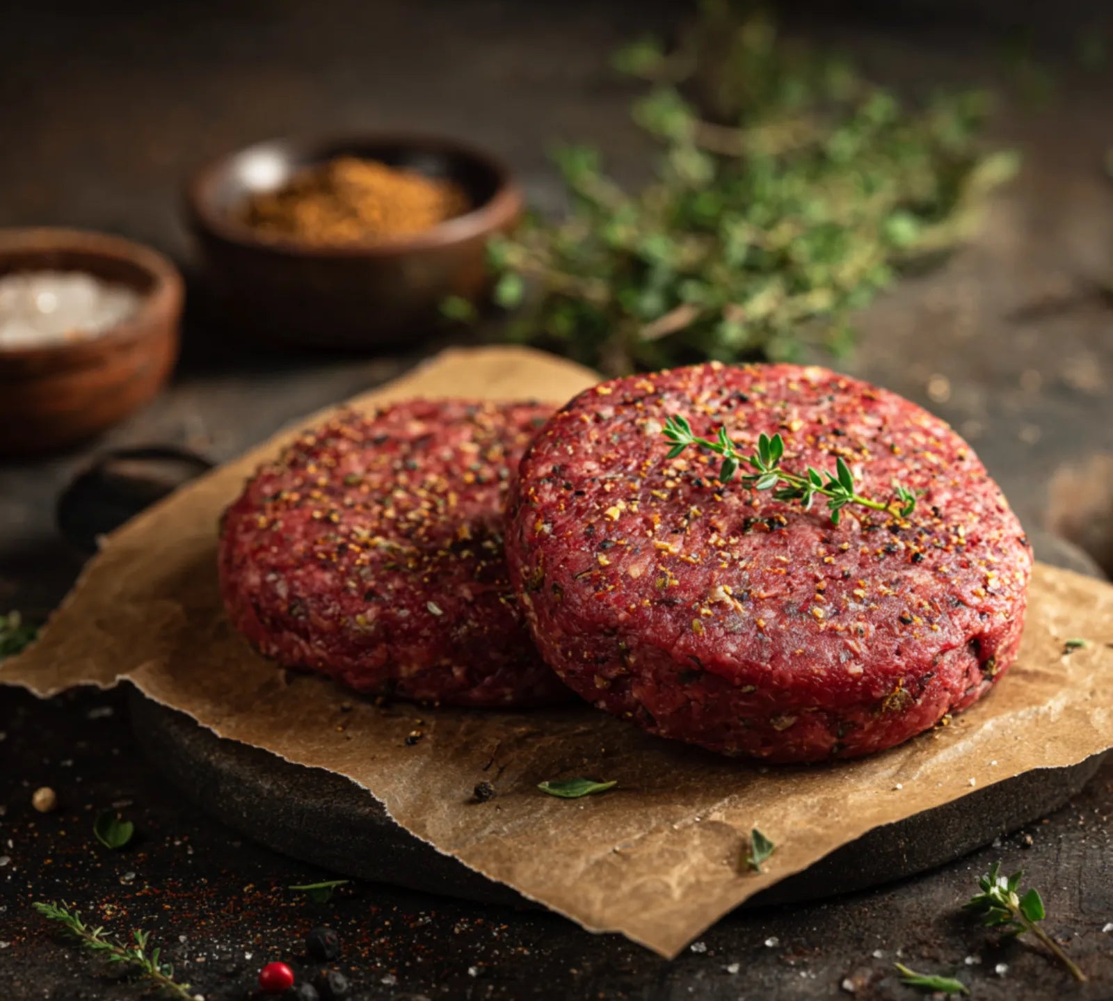 Two raw Lebanese-spiced goat burger patties on parchment with herbs and spice bowls – The Black Farmer.