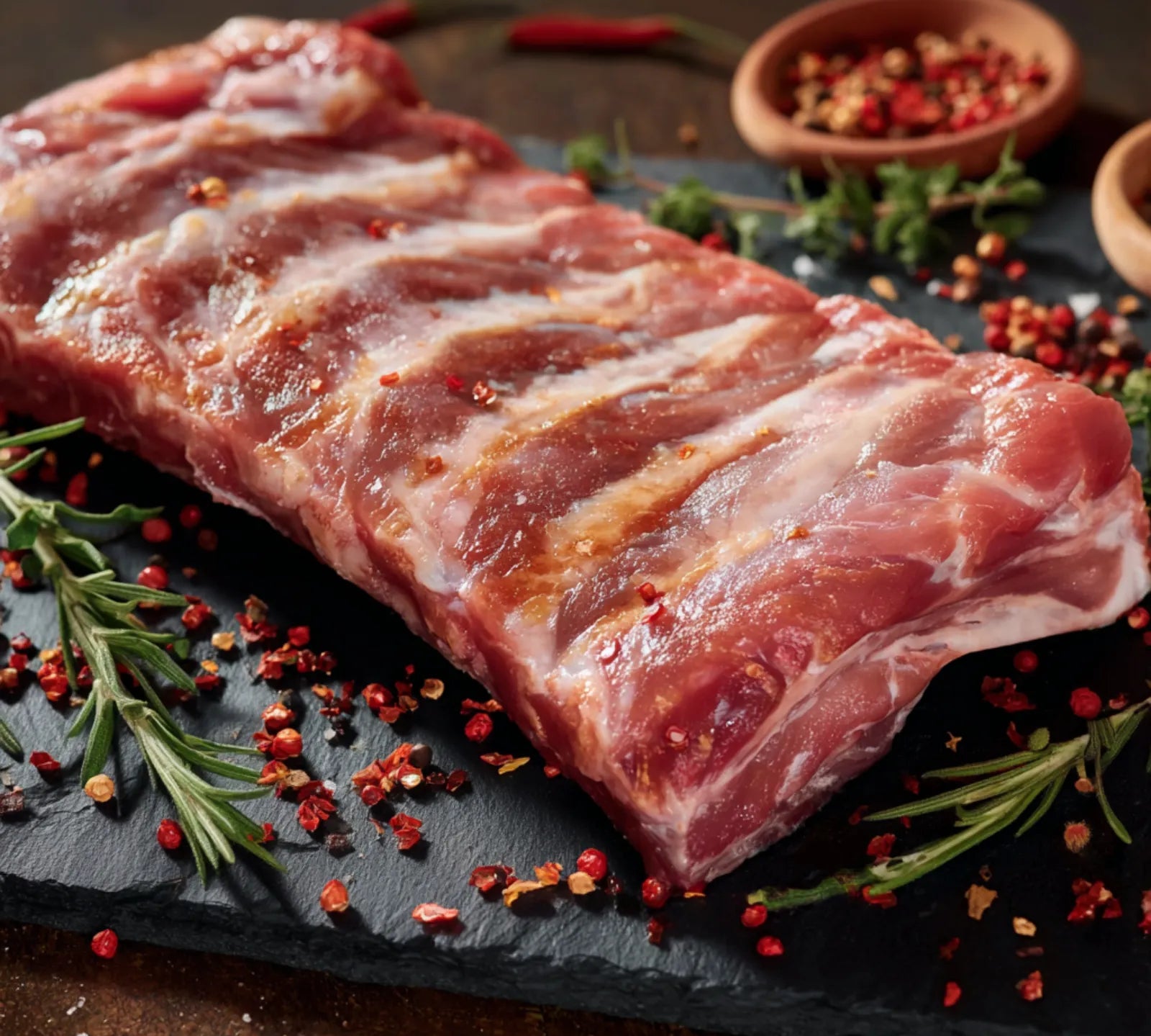 Raw extra-meaty British pork ribs on a wooden board – fresh cut from The Black Farmer, ready for roasting or BBQ.
