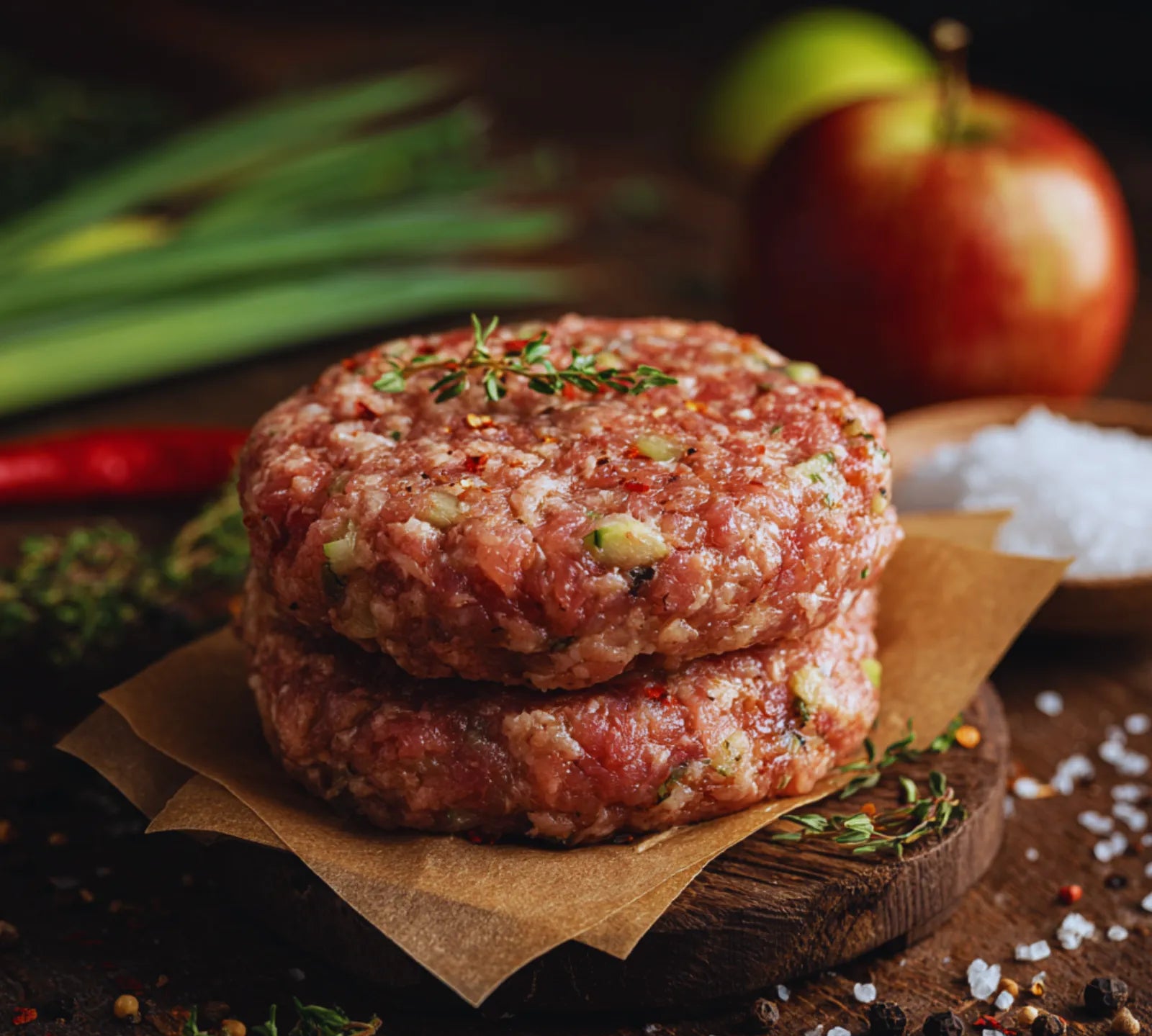 171 g) – British pork patties with apple flakes on wooden board