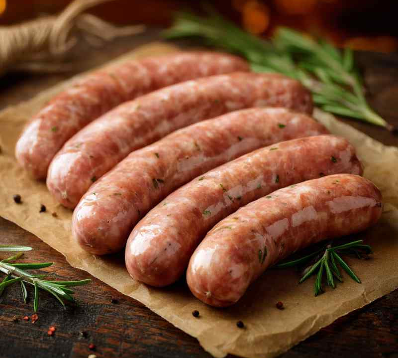 Raw sausages on a wooden board with rosemary sprigs