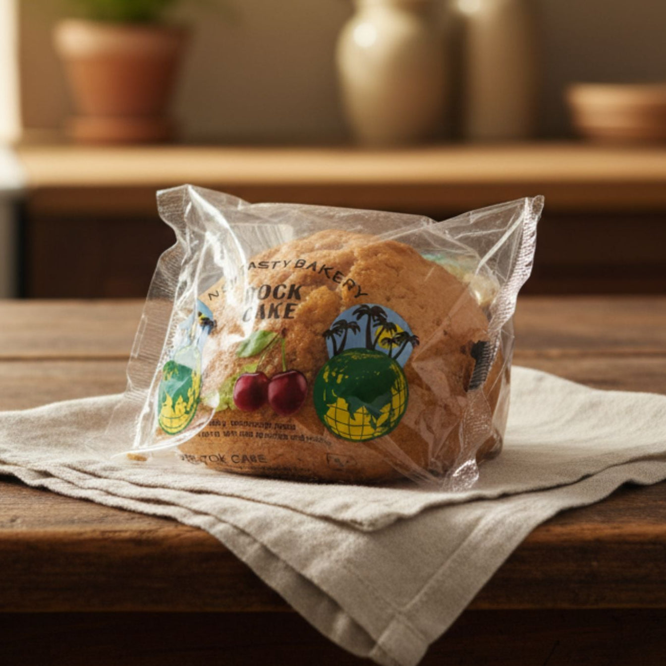 Packaged cake on a wooden table with a kitchen background