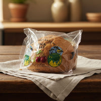 Packaged cake on a wooden table with a kitchen background