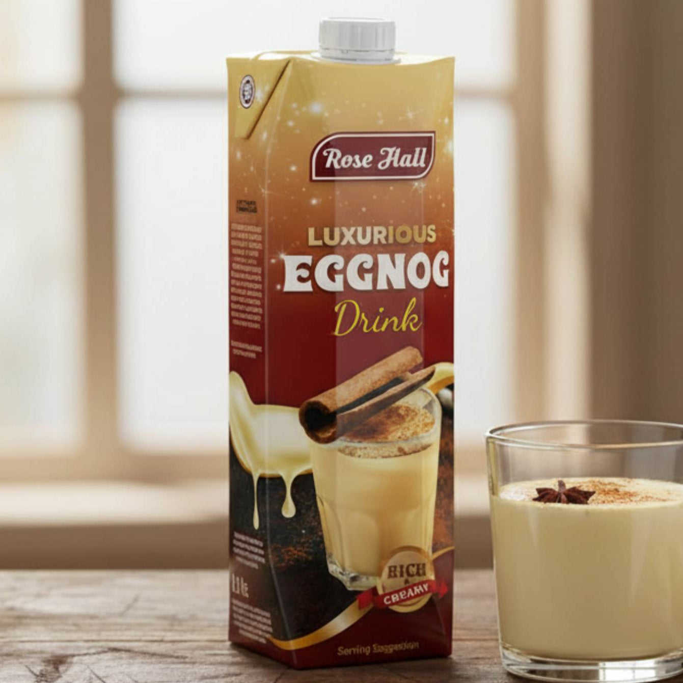 Rose Hall Luxurious Eggnog Drink carton with a glass of eggnog on a wooden table.