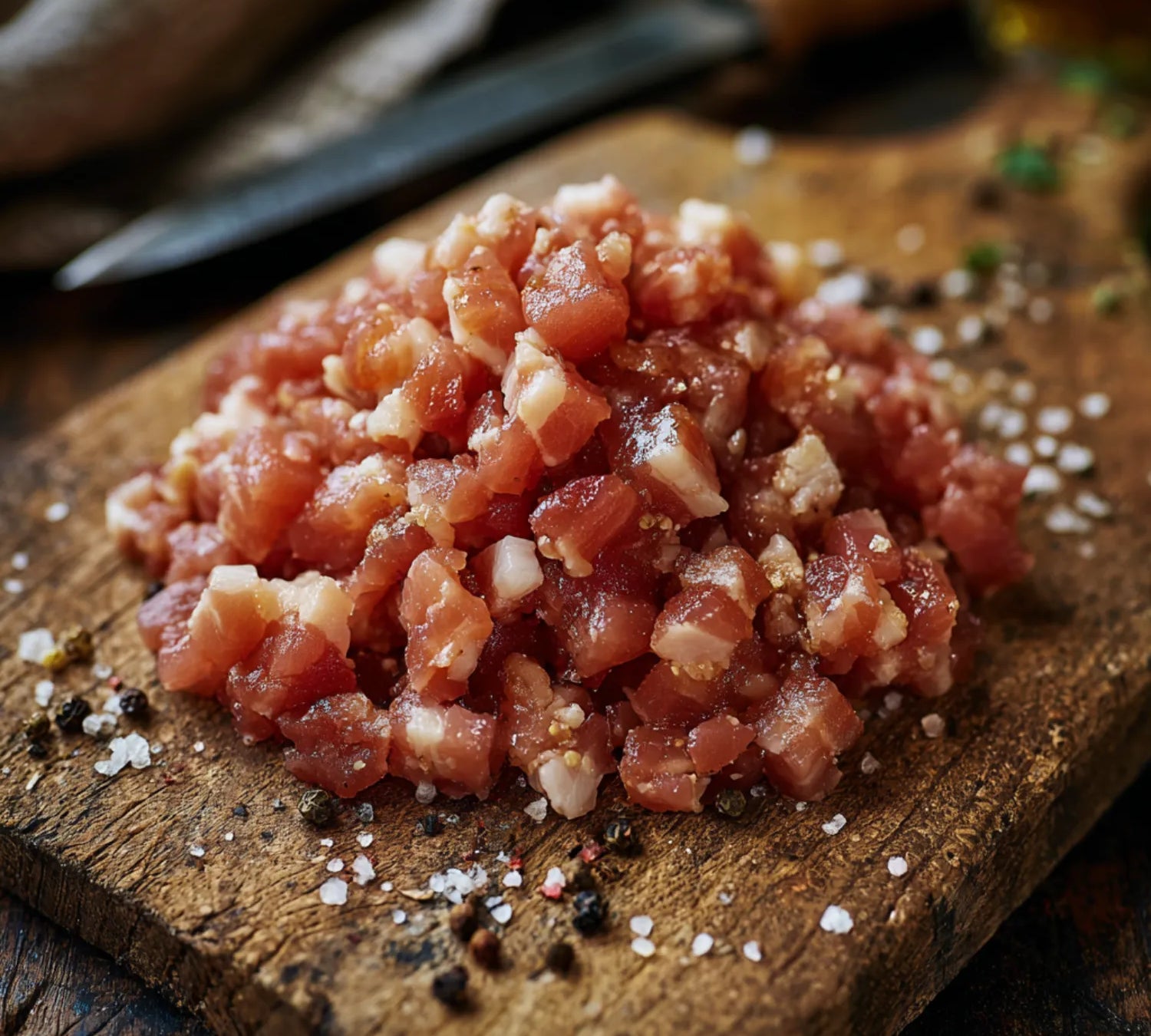 Raw minced bacon on a wooden cutting board with spices