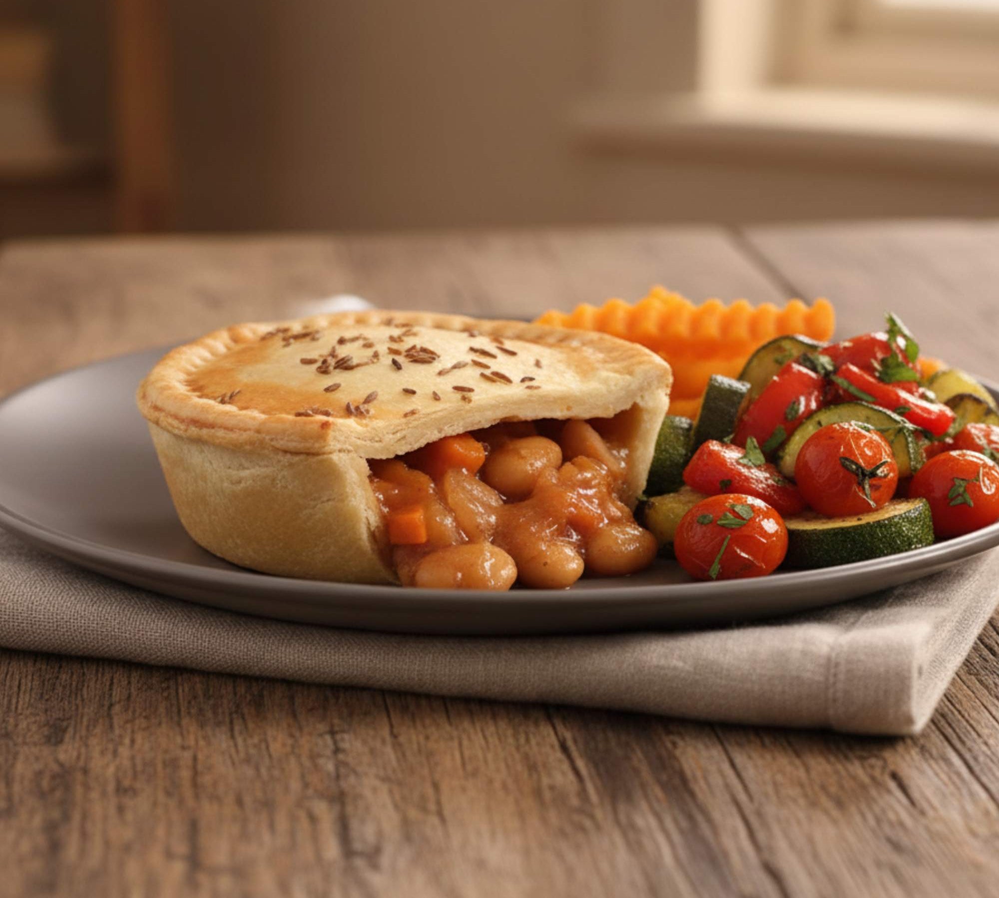 Vegetable pie on a plate with vegetables on a wooden table