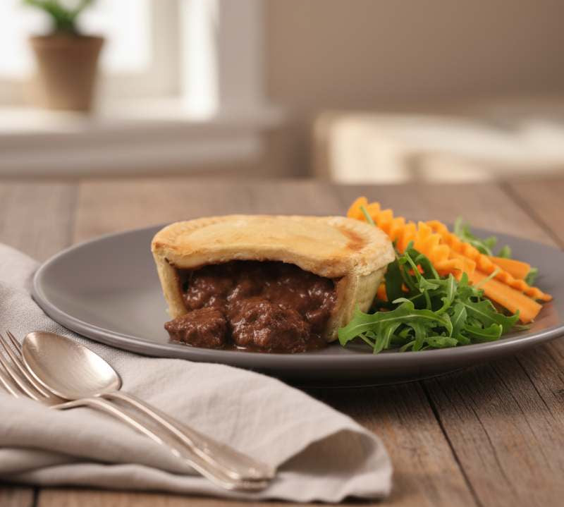 British Steak & Ale Pie with golden pastry in 350g portion, classic comfort meal.