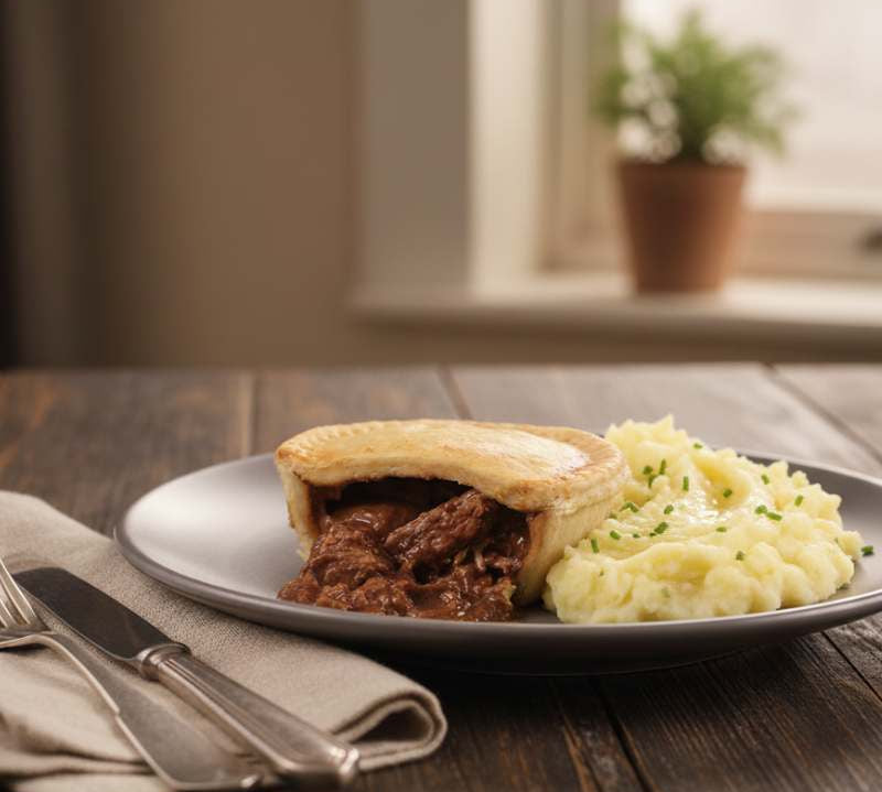 Golden Steak & Kidney Pie 350g with British beef and kidney in rich gravy, traditional British meat pie.