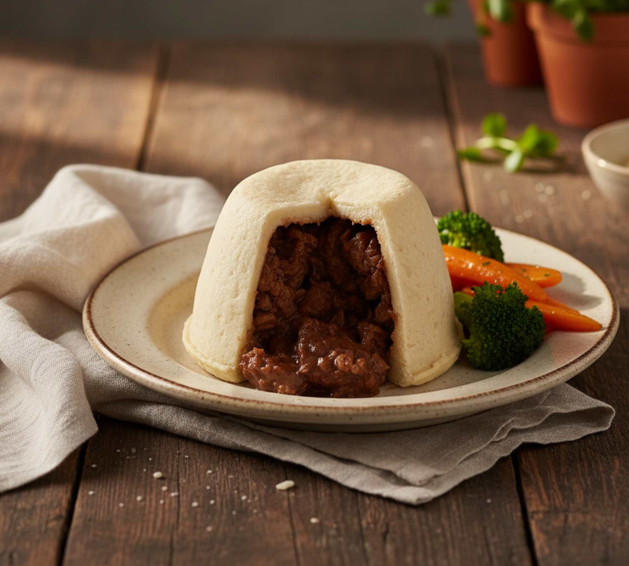 Steak & Kidney suet pudding with rich beef and kidney filling in traditional suet pastry.