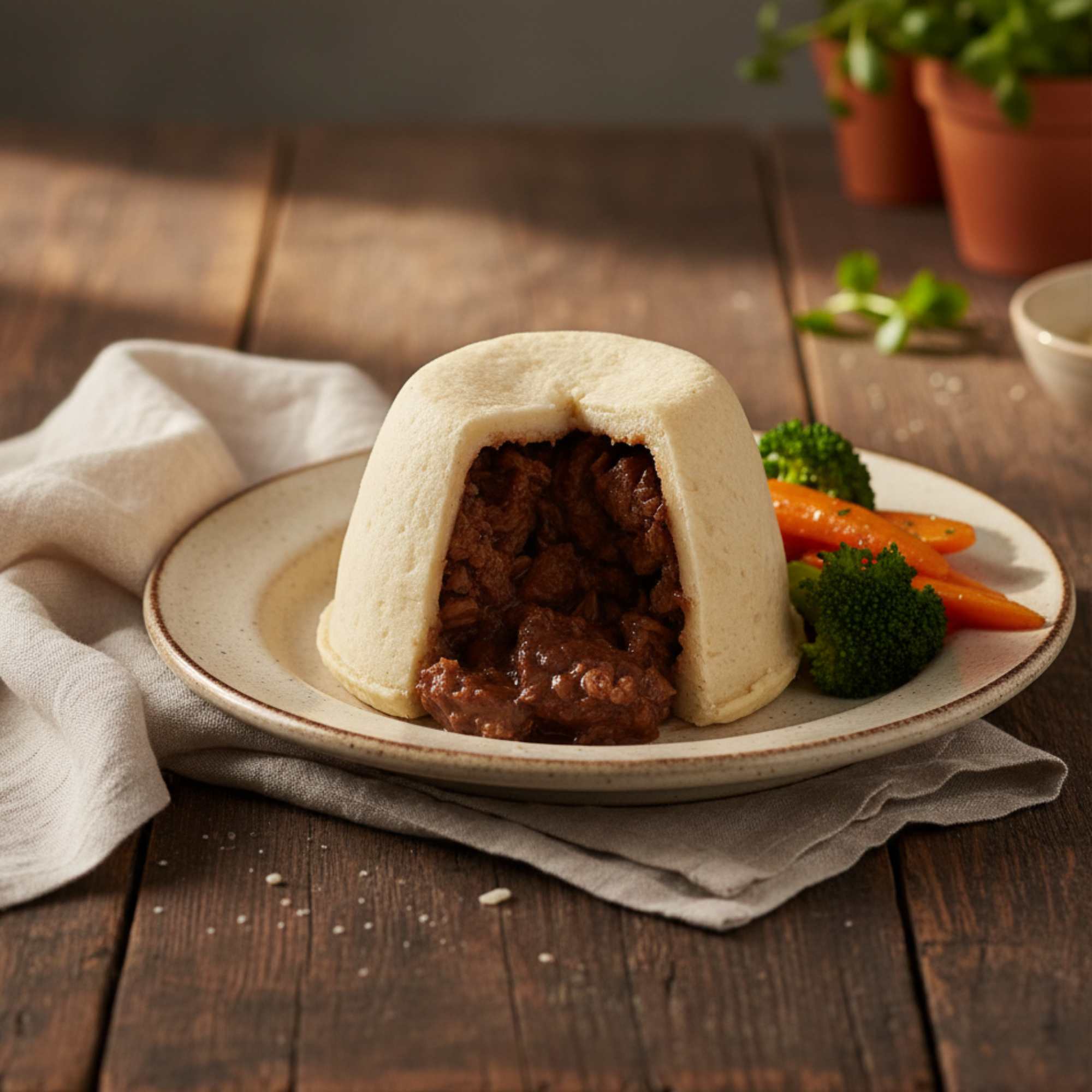 Steak & Kidney suet pudding with rich beef and kidney filling in traditional suet pastry.