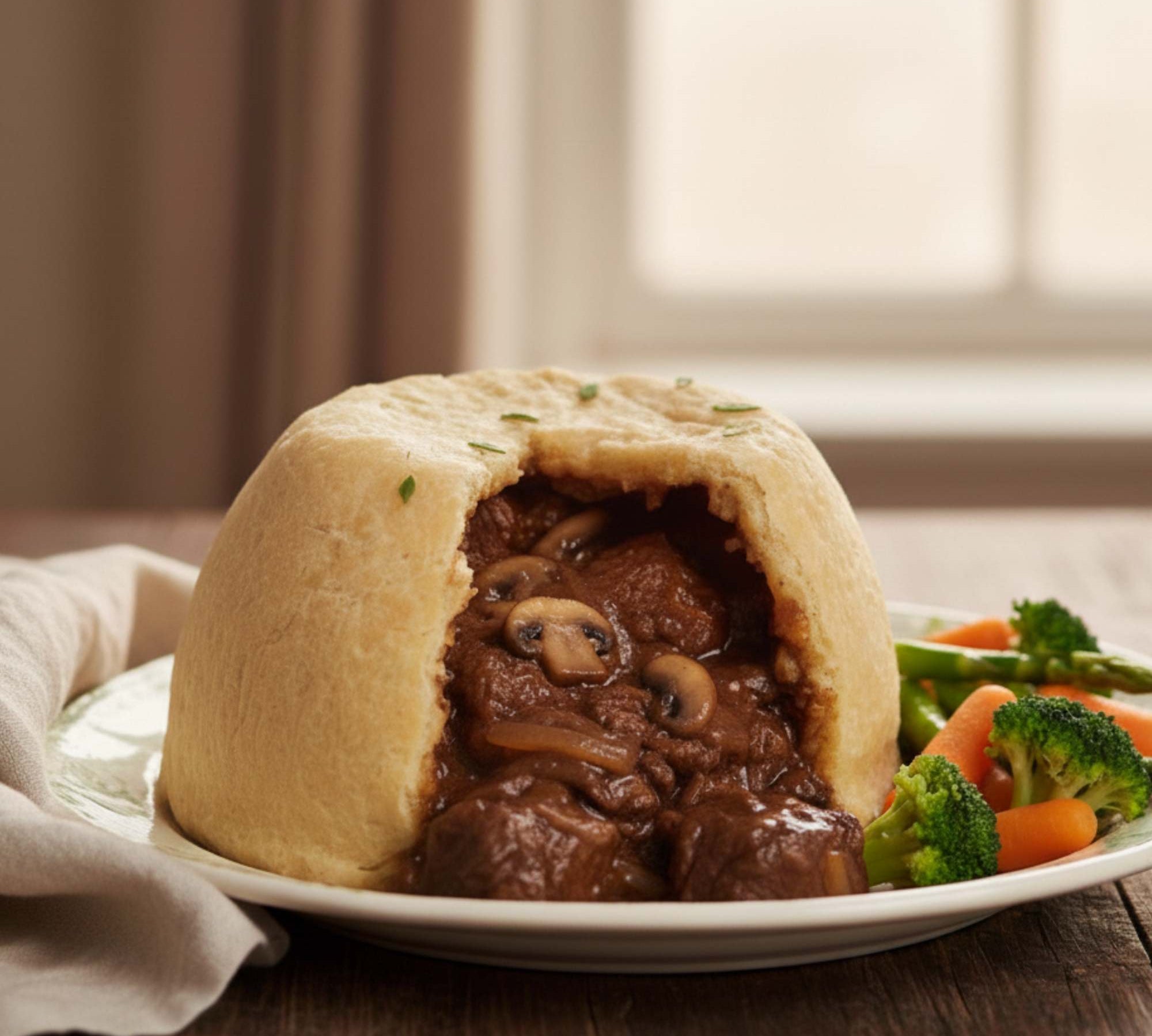 Baked dish with meat and vegetables served in a bread bowl on a wooden table.