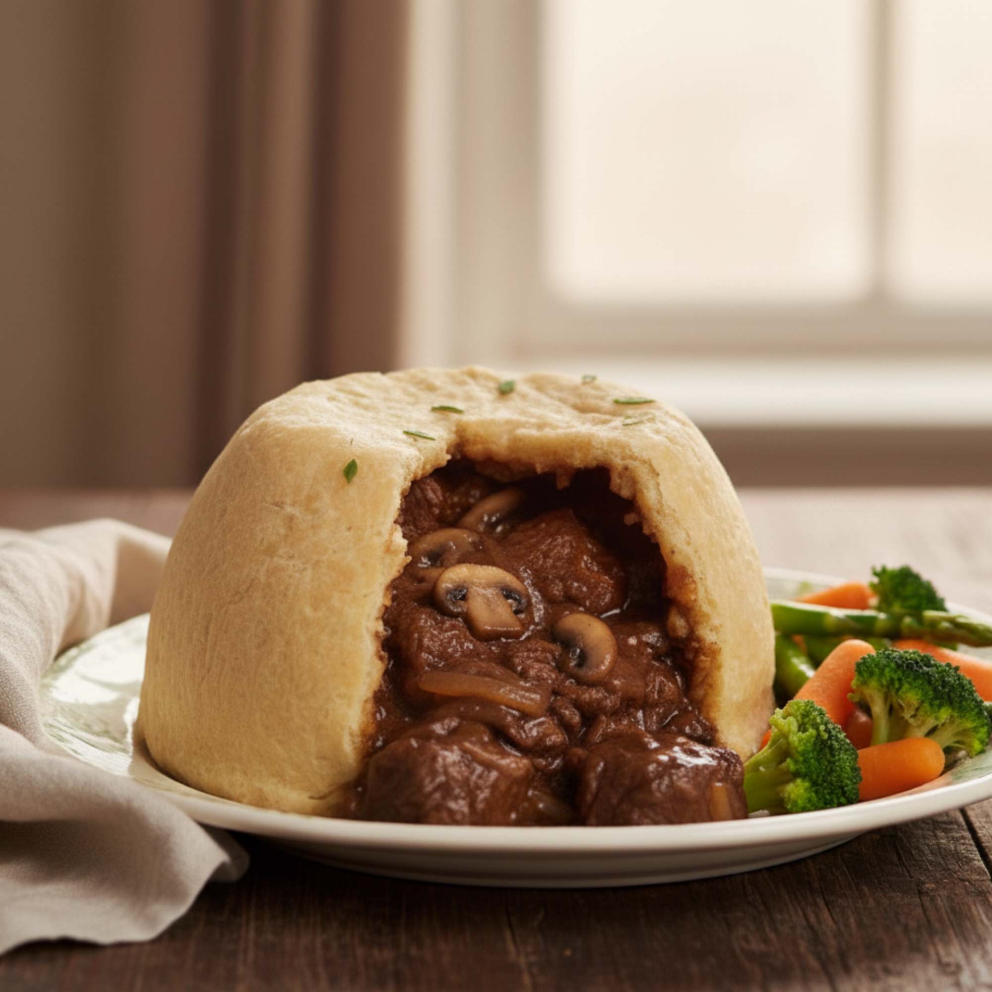 Baked dish with meat and vegetables served in a bread bowl on a wooden table.