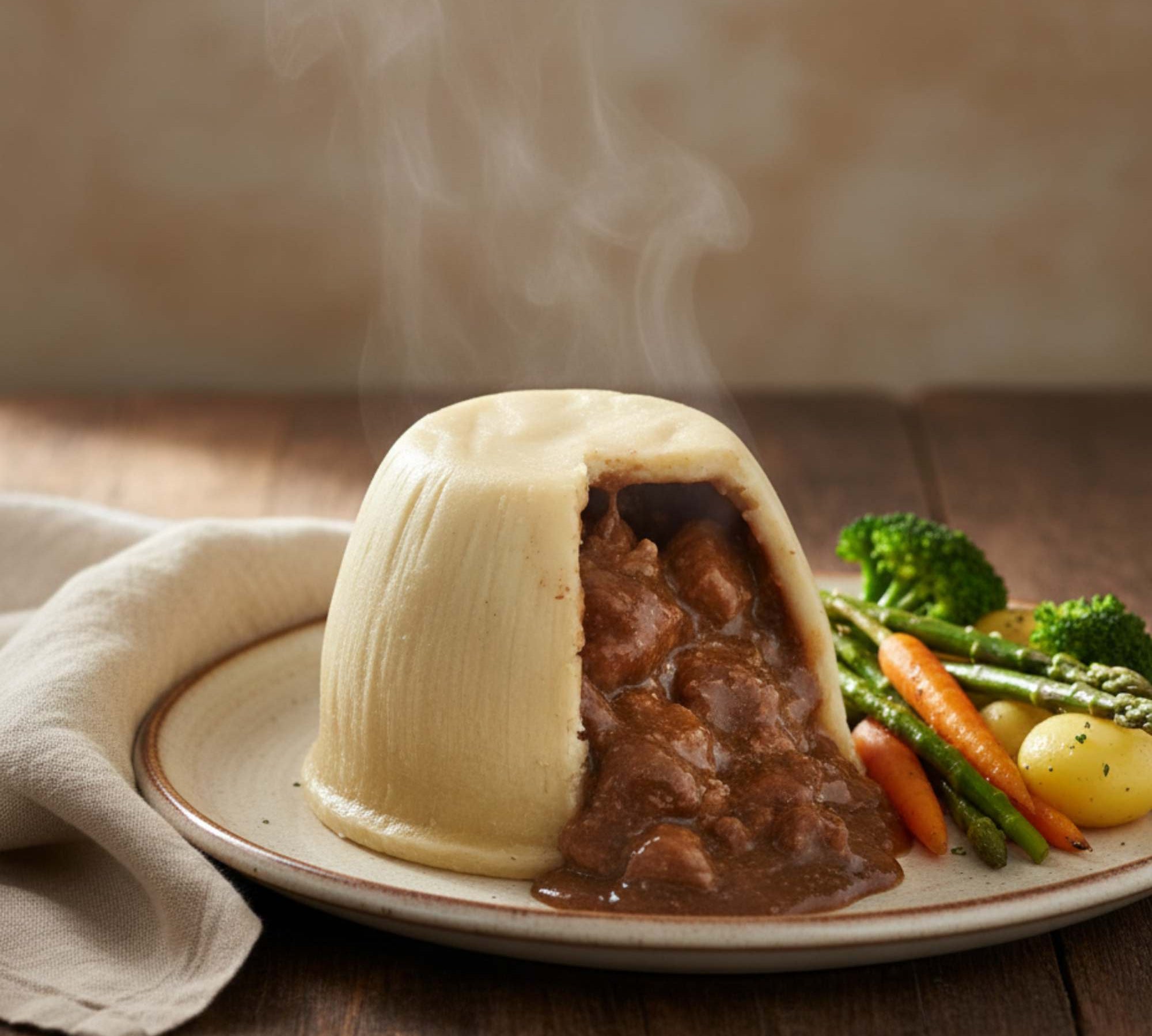 Steak, Onion & Horseradish Suet Pudding in suet pastry, rich beef filling, traditional British comfort meal.