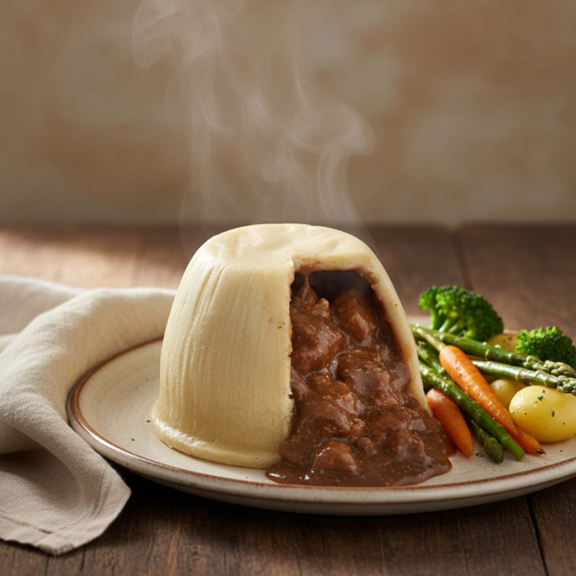 Steak, Onion & Horseradish Suet Pudding in suet pastry, rich beef filling, traditional British comfort meal.
