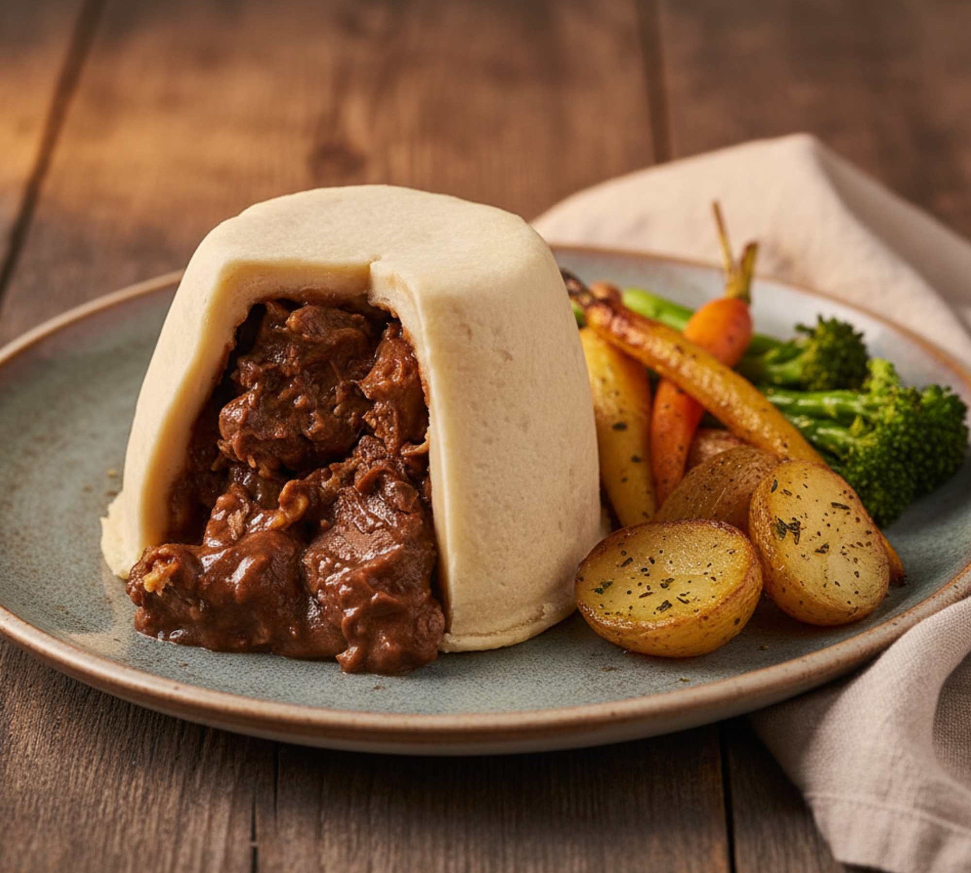Steamed bun with beef filling on a plate with vegetables on a wooden table