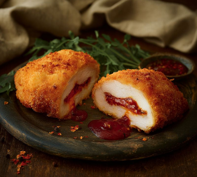 Sweet Chilli Chicken Kiev – handmade golden breaded chicken with a rich, glossy sweet chilli filling, served on parchment paper with fresh greens and peppercorn garnish. Premium ready-to-cook chicken product with a spicy, flavourful twist