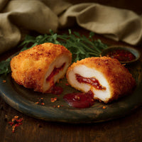 Sweet Chilli Chicken Kiev – handmade golden breaded chicken with a rich, glossy sweet chilli filling, served on parchment paper with fresh greens and peppercorn garnish. Premium ready-to-cook chicken product with a spicy, flavourful twist