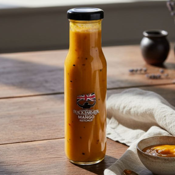 Bottle of Black River Mango Curry Sauce on a wooden table with a bowl and spoon.