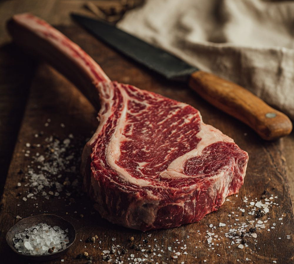 British Beef Tomahawk Steak with long bone, rich marbling, and premium butcher’s cut ready for cooking.