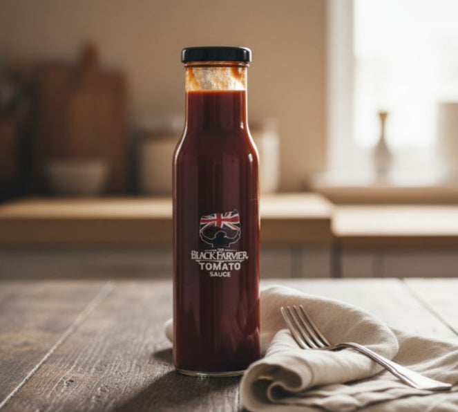 Bottle of Black Farmer Tomato Sauce on a wooden table with a fork and napkin.