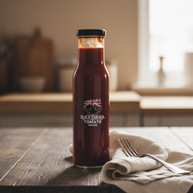 Bottle of Black Farmer Tomato Sauce on a wooden table with a fork and napkin.