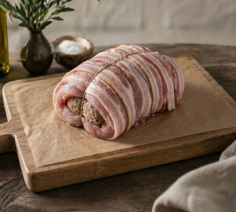 Raw turkey breast crown wrapped in bacon on a wooden cutting board with a rustic background.
