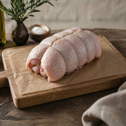 Boneless rolled turkey breast crown filled with gluten-free sage and onion stuffing, ready for roasting — The Black Farmer.