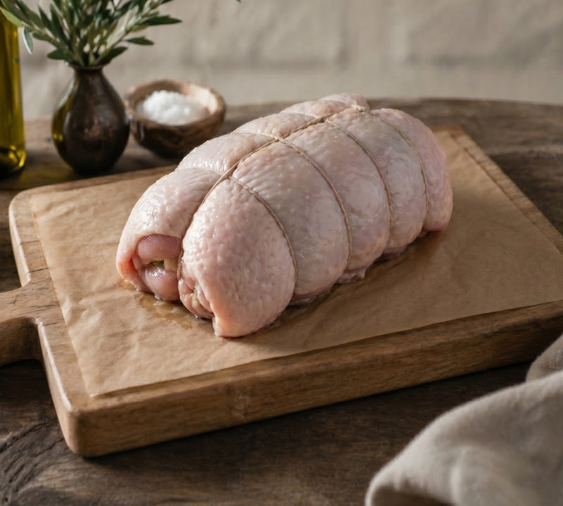 Boneless rolled turkey breast crown filled with gluten-free sage and onion stuffing, ready for roasting — The Black Farmer.