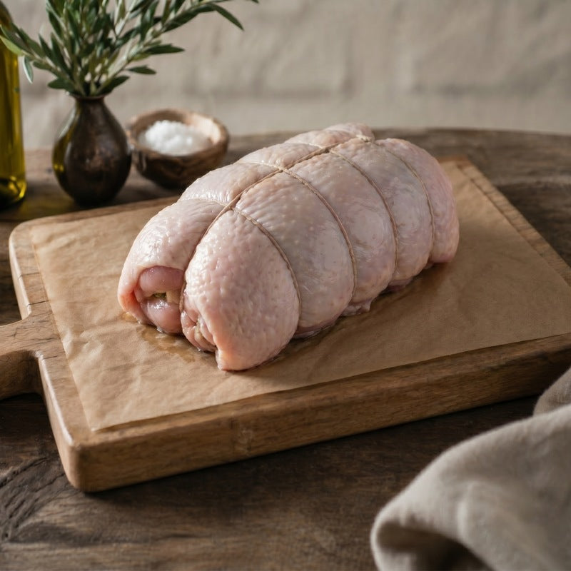 Boneless rolled turkey breast crown filled with gluten-free sage and onion stuffing, ready for roasting — The Black Farmer.