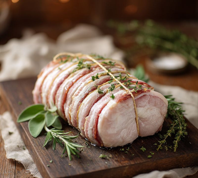 Free range boneless turkey breast crown rolled and topped with bacon, ready for roasting.