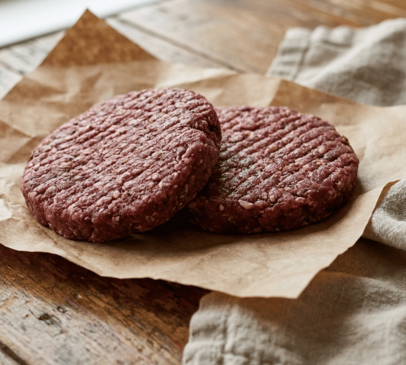 Two raw venison hamburger patties on brown paper with a cloth napkin on a wooden surface
