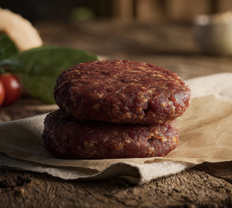 Two raw wild boar and chorizo burger patties on parchment with smoky paprika tones – The Black Farmer