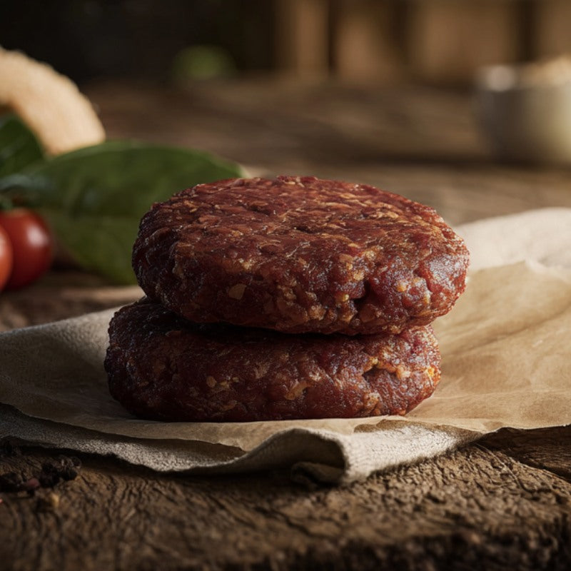 Two raw wild boar and chorizo burger patties on parchment with smoky paprika tones – The Black Farmer