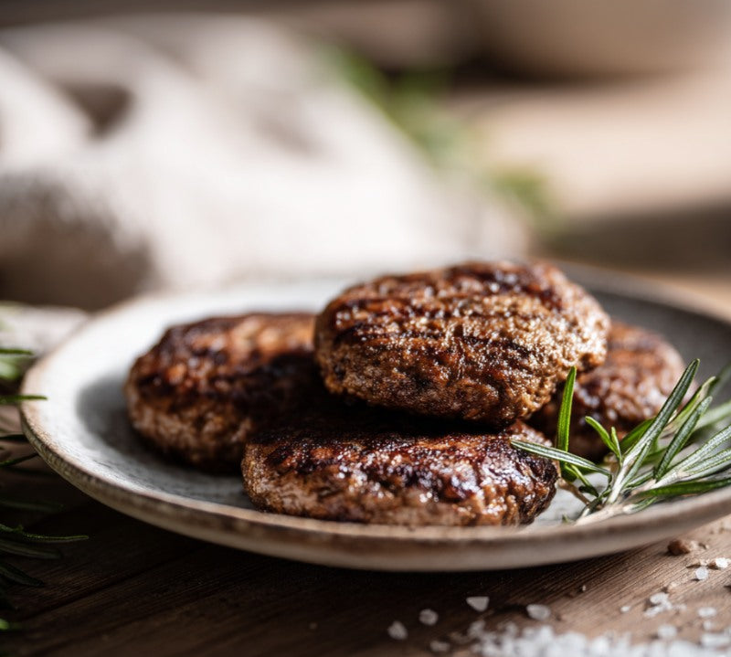 Two wild boar and chorizo burger patties on parchment with smoky paprika tones – The Black Farmer