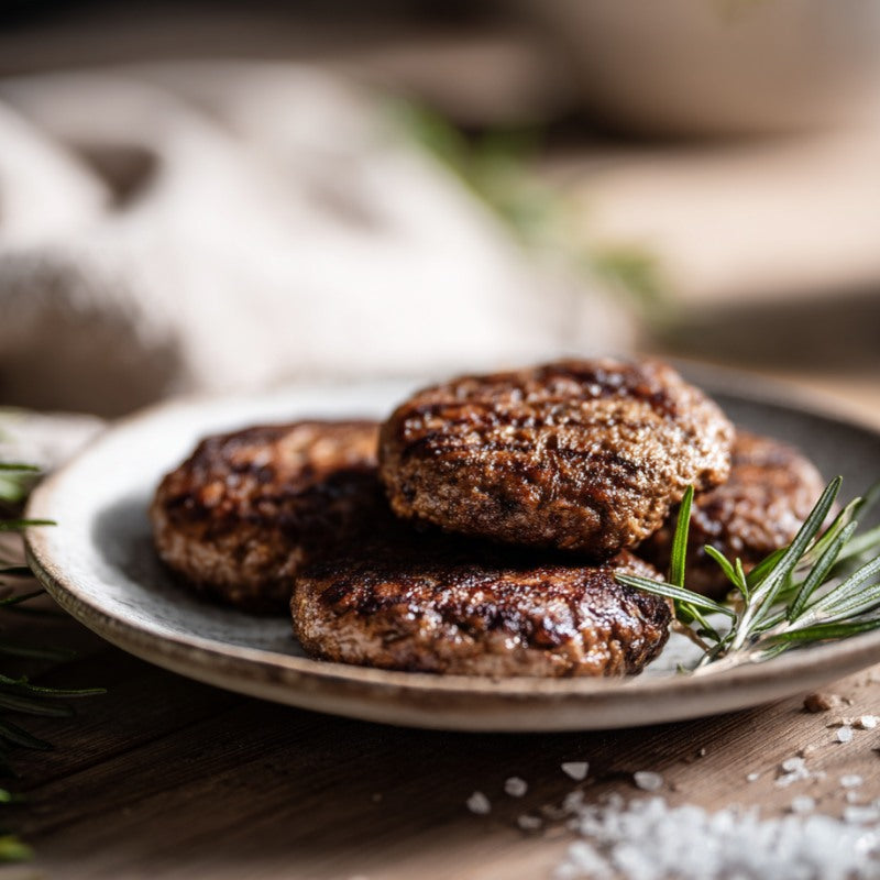 Two wild boar and chorizo burger patties on parchment with smoky paprika tones – The Black Farmer