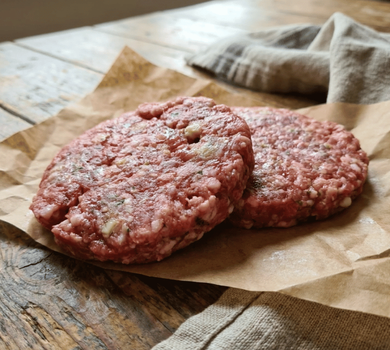 Two raw wild boar and apple burger patties on parchment with fresh apple and herbs – The Black Farmer.