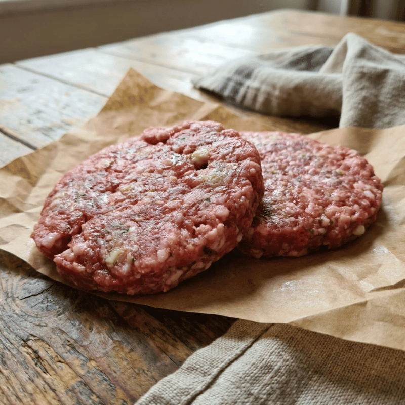 Two raw wild boar and apple burger patties on parchment with fresh apple and herbs – The Black Farmer.