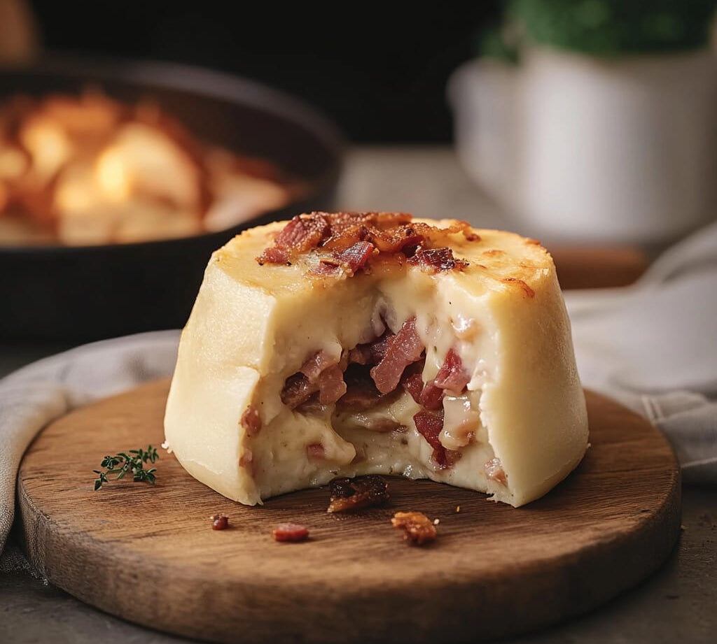 Bacon & onion suet pudding with smoky bacon and caramelised onions in soft suet pastry.
