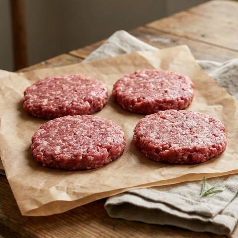 Raw gluten free British beef burgers, 100g patties made with free-range beef, displayed on parchment with herbs