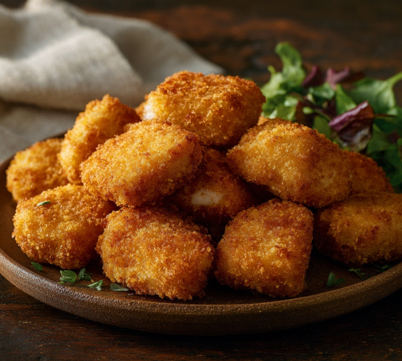 Breaded Chicken Chunks 1kg — golden crispy chicken bites on a plate with salad.