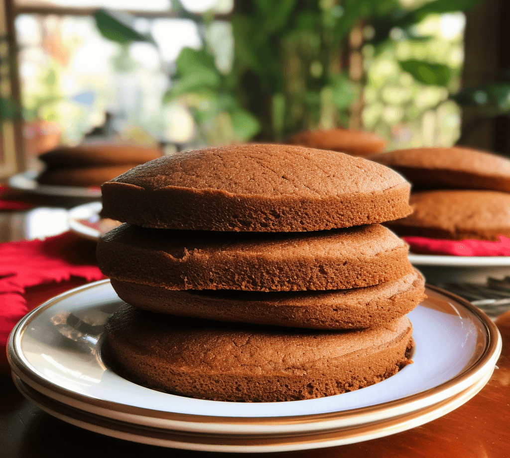 Stack of chocolate cookies on a white plate with a blurred background