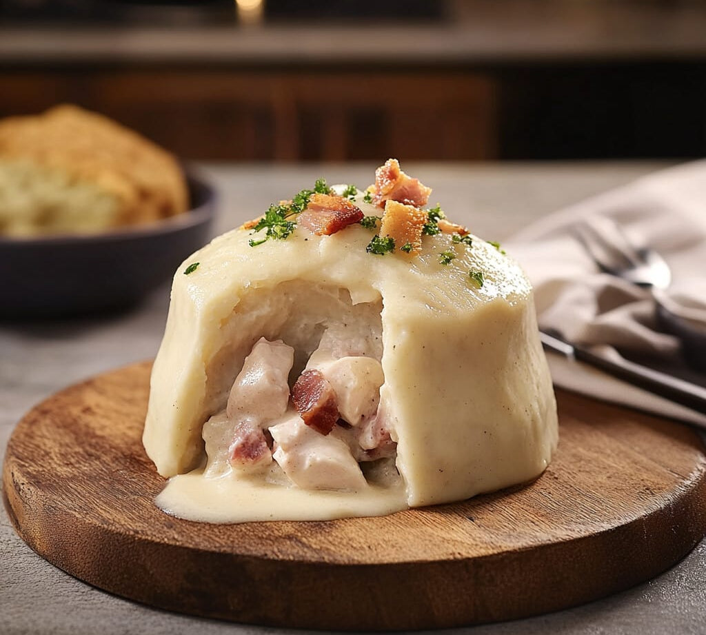 Chicken & bacon suet pudding with tender chicken, smoky bacon and creamy sauce in soft suet pastry.