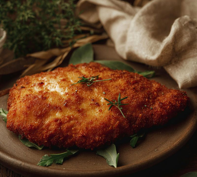 Golden-brown Chicken Schnitzel resting on parchment paper over a rustic wooden board, garnished with fresh herbs, arugula leaves, and peppercorns under warm, natural lighting
