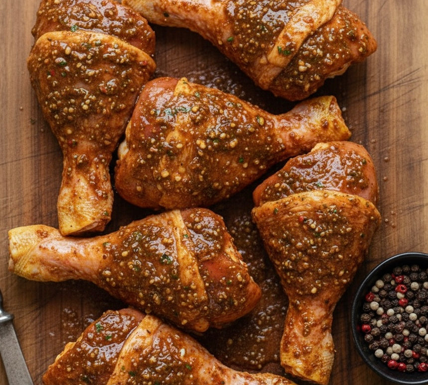 Seasoned chicken drumsticks on a wooden cutting board with a small bowl of spices.