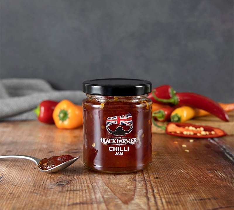 Chilli Jam jar 200g from The Black Farmer, sweet and spicy gluten-free condiment.