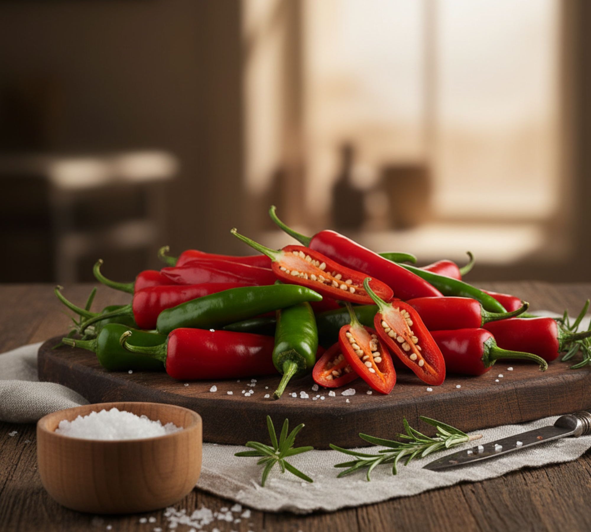 Assorted red and green peppers on a wooden cutting board with salt and rosemary.